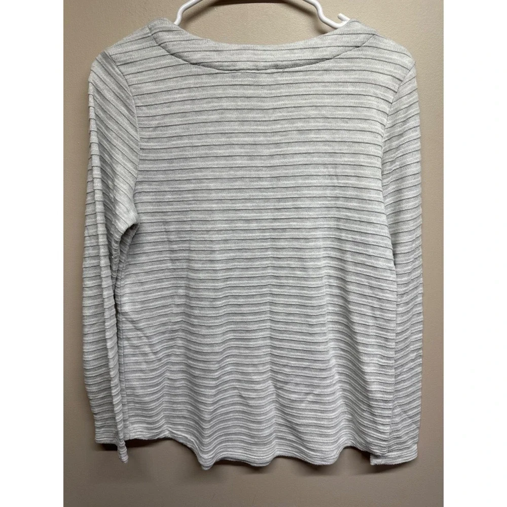 Christopher &Banks striped long sleeve button shoulder women medium gray sweater